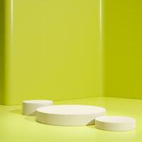 Yellow podium cylinder stand abstract stage platform or product studio geometric shape on minimal background and blank pedestal display scene space with empty presentation summer sale step backdrop. photo