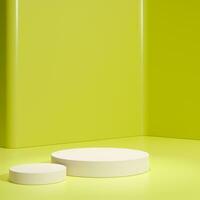 Yellow podium cylinder stand abstract stage platform or product studio geometric shape on minimal background and blank pedestal display scene space with empty presentation summer sale step backdrop. photo