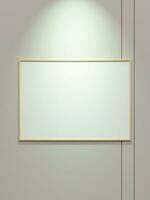 Minimal wooden horizontal picture poster frame mockup on white wallpaper with spotlight photo