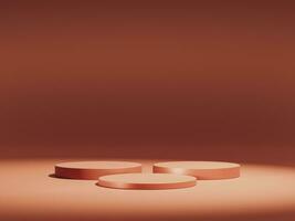 3D display podium brown background. Luxury podium display. Minimal brown pedestal for beauty, cosmetic product presentation. Elegant copy space, dark, brown template, studio 3d render photo
