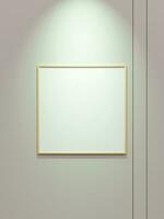 Minimal wooden square picture poster frame mockup on white wallpaper with spotlight photo