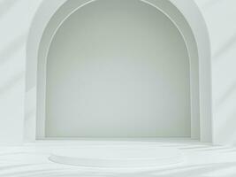 Empty podium or pedestal display on white arch background with cylinder stand concept. Blank product shelf standing backdrop. 3D rendering. photo