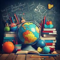 Happy Teachers Day. Teachers Day chalkboard and books high quality ai generated image photo