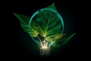 Light bulb with sprout inside. Idea of renewable energy and energy saving.  Concept of environmental conservation and global warming. Earth day.  Generative AI illustration. photo