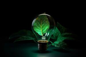 Light bulb with sprout inside. Idea of renewable energy and energy saving.  Concept of environmental conservation and global warming. Earth day.  Generative AI illustration. photo
