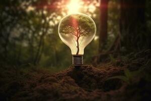 Electric light bulb with a tree inside. The idea of renewable energy sources and energy conservation. The concept of environmental conservation and global warming. Earth Day. AI generated photo