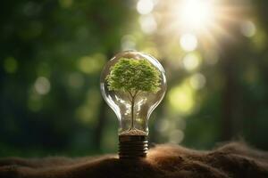 Electric light bulb with a tree inside. The idea of renewable energy sources and energy conservation. The concept of environmental conservation and global warming. Earth Day.  AI generated photo