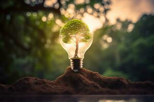 Electric light bulb with a tree inside. The idea of renewable energy sources and energy conservation. The concept of environmental conservation and global warming. Earth Day. AI generated photo