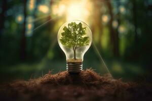 Electric light bulb with a tree inside. The idea of renewable energy sources and energy conservation. The concept of environmental conservation and global warming. Earth Day.  AI generated photo