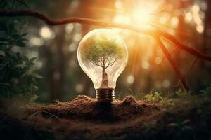 Electric light bulb with a tree inside. The idea of renewable energy sources and energy conservation. The concept of environmental conservation and global warming. Earth Day. AI generated photo