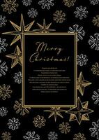 Merry Christmas and Happy New Year vertical greeting card with hand drawn golden stars and snowflakes on black background. Vector illustration in sketch style