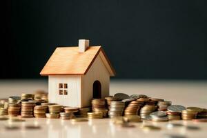 Small house sitting on top of a pile of coins photo