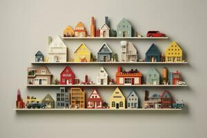 Colorful display of toy houses on a shelf photo