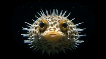 Close-up of a puffer fish on a black background showcasing its unique features photo