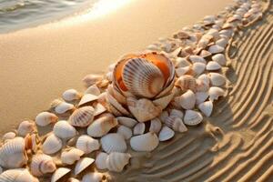 Collection of colorful seashells spread out on sandy beach photo