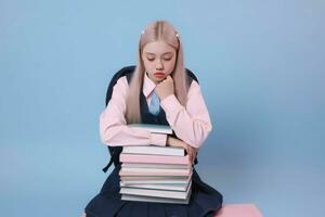 Chica de escuela libros pila. generar ai foto