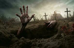 Zombie hand cemetery fear. Generate Ai photo