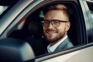 Elegant man in car. Generate Ai photo