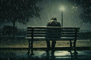 Man rain bench. Generate Ai photo
