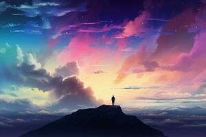 Man colorful fantasy sky. Generate Ai photo