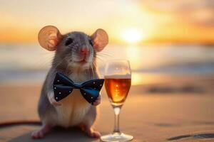 Happy mouse sunglass sunset. Generate Ai photo