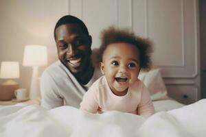 Black dad holding kid. Generate Ai photo