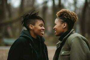 negro mujer Pareja parque. generar ai foto