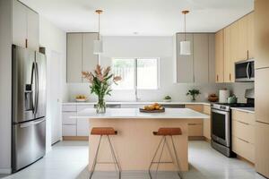 Modern kitchen with a spacious center island and sleek stools photo