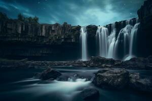 Stunning waterfall in the midst of crystal clear waters in night using long exposure photo