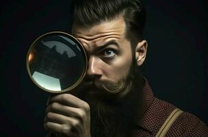 Man beard magnifier glass. Generate Ai photo
