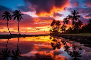 maravilloso puesta de sol con palma arboles reflejado en el agua foto