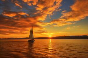 Sailboat sailing into the horizon during sunset photo