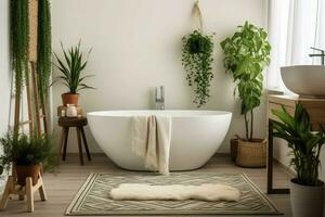 Bathroom decorated green plants. Generate Ai photo