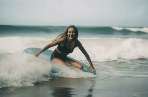 Female surfer. Generate Ai photo