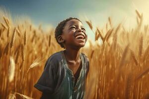 African child smiling at wheat field. Generate Ai photo