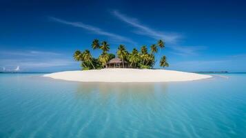 exótico isla paraíso con un pintoresco choza y balanceo palma arboles foto