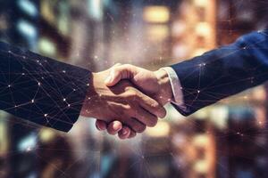 Two people shaking hands over a cityscape with background of connected dot photo