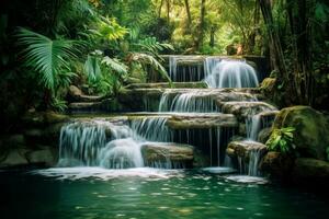 Stunning tropical waterfall surrounded by lush greenery photo