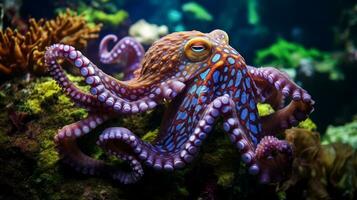 Vibrant octopus in an aquarium, showcasing its intricate features photo