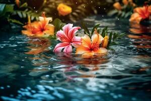 Flowers floating on water surface, with beautiful reflections and vibrant colors photo