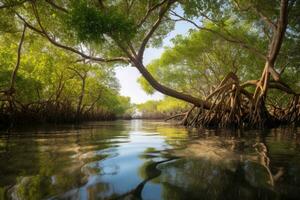 Mangrove trees reflected in a calm river photo