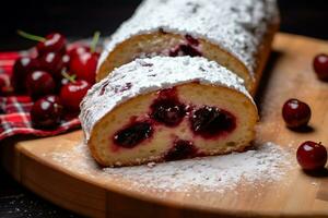 Roll cake with cherry filling covered with sugar powder on a cutting board photo