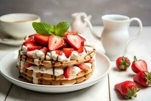 Side view waffle ice cream cake with strawberry and cup and teapot photo