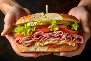 man holding in his hands tasty sandwich with ham or bacon cheese tomatoes lettuce and grain photo