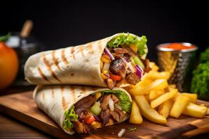 Side view shawarma with fried potatoes in board cookware photo