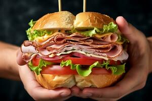 man holding in his hands tasty sandwich with ham or bacon cheese tomatoes lettuce and grain photo