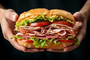 man holding in his hands tasty sandwich with ham or bacon cheese tomatoes lettuce and grain photo