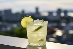 Limeade fizz with alcohol and lime garnish at fancy rooftop bar photo