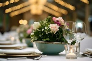 flowers decorated table in a hall prepared for a ceremony photo