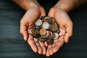 Man holding coins in palm photo